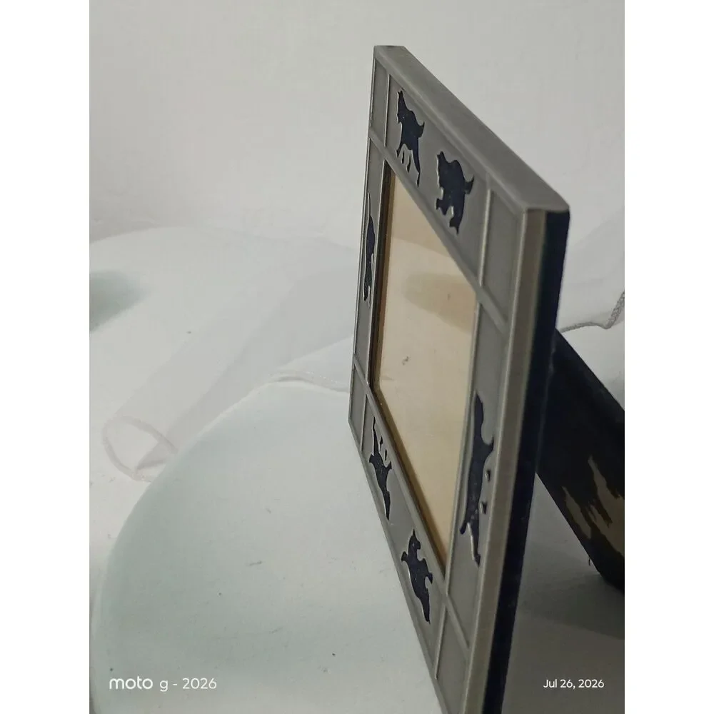 Vintage Silver Pewter Cat Picture Frame 3.5x5 Tabletop Easel Back Pet Lover